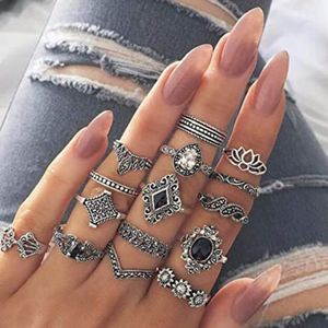 Missgrace 12 Piece Boho Rhinestones Rings Set Vintage Silver Ring